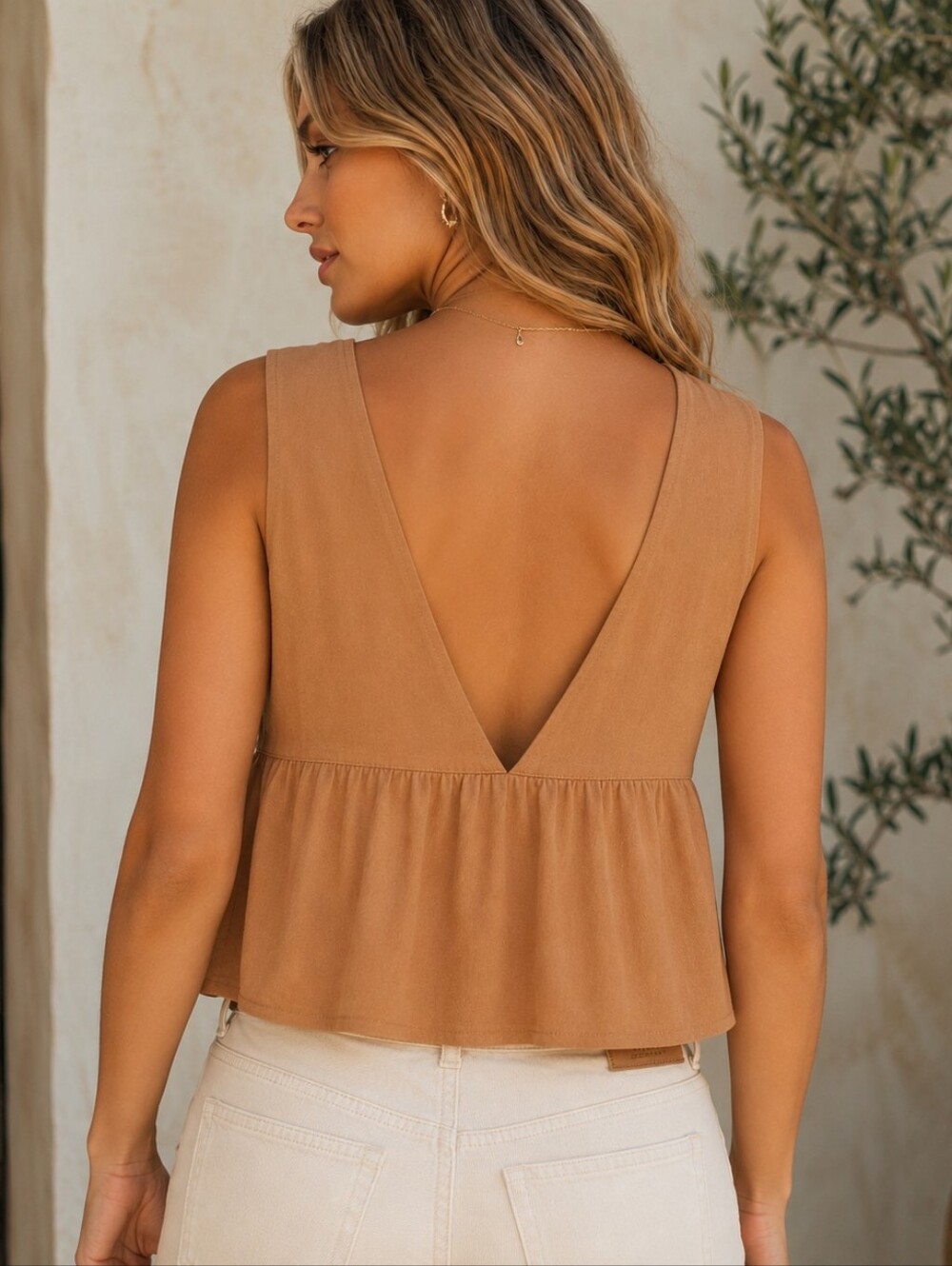 Sleeveless V-Neck Peplum Top in Mustard Yellow Boho Cropped Eyelet - Picture 2 of 6